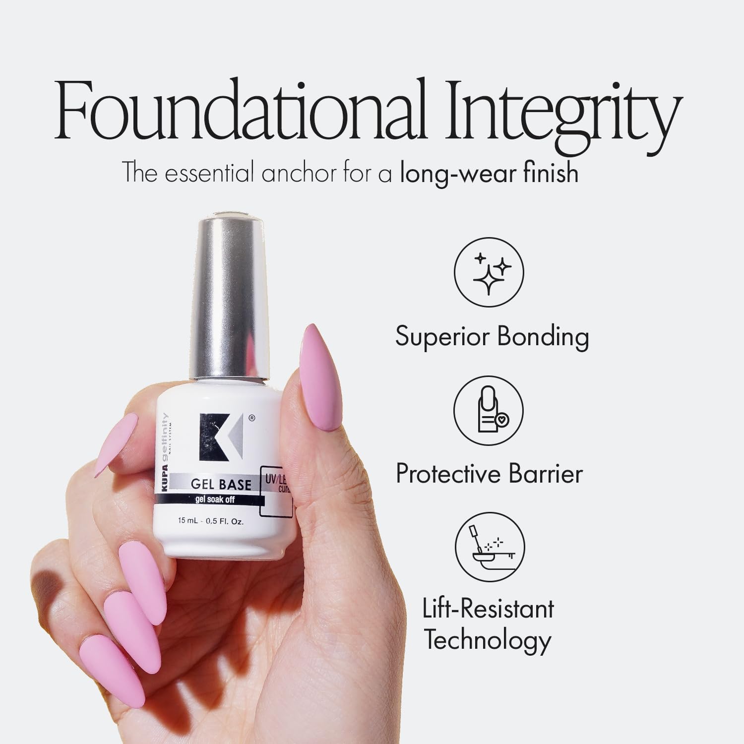 KUPA GelFinity Base Coat consigue adherencia fuerte para una base estable en gel.