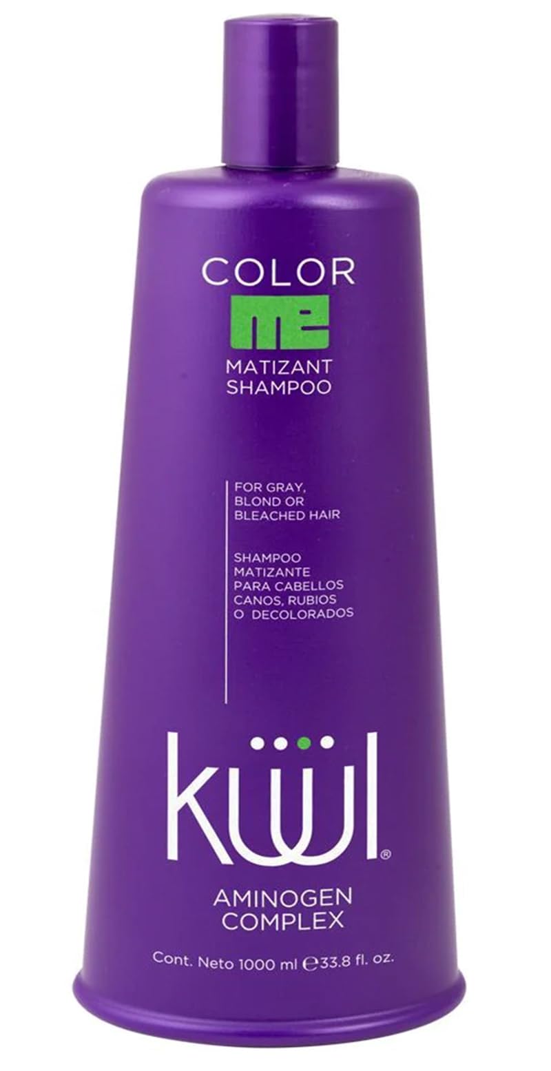 Kuul Matizante Shampoo, botella púrpura, realza rubios y canos con brillo suave.