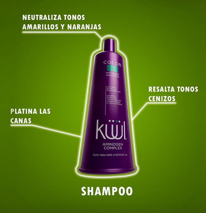 Kuul Matizante Shampoo, etiqueta morada, pigmentos púrpura para neutralizar amarillos.