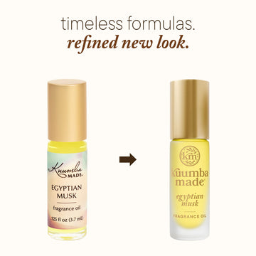 Kuumba Made Egyptian Musk roller bottle for easy, on-the-go fragrance touch-ups.