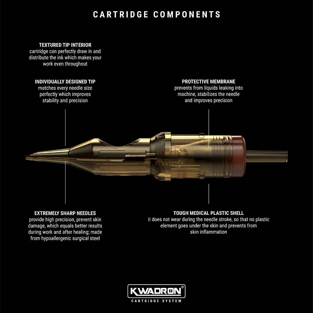 Kwadron cartucho de aguja para tatuaje, carcasa plástico reduce fricción.