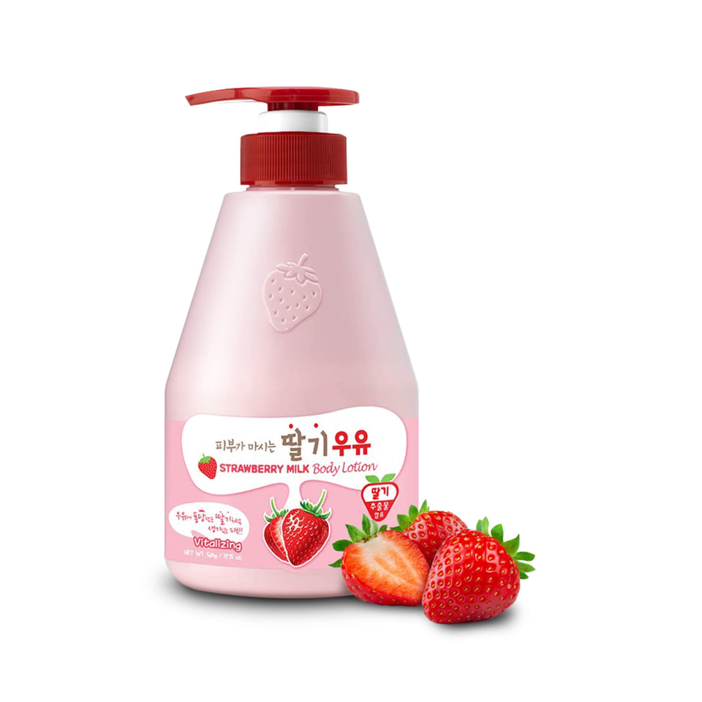 Kwailnara WELCOS crema corporal fresa leche en bote, hidratación suave para uso diario.
