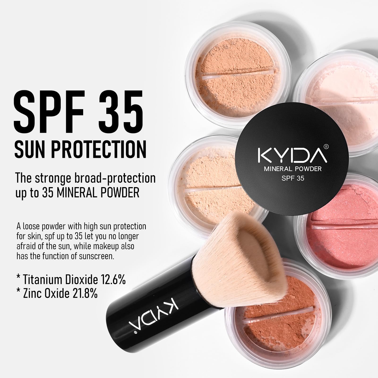 KYDA base polvo mineral, acabado natural con brillo sutil.