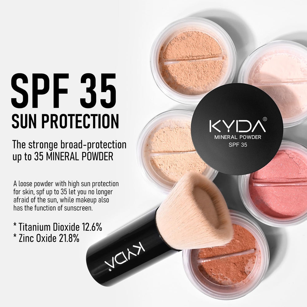 KYDA base polvo mineral, acabado natural con brillo sutil.