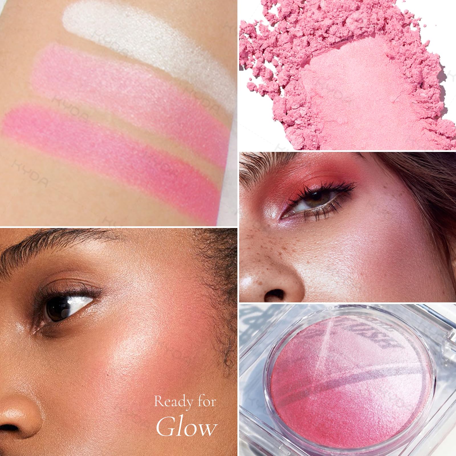 KYDA Iluminador Rubor Rosa Coral Naranja ofrece color fácilmente superponible para un brillo saludable.