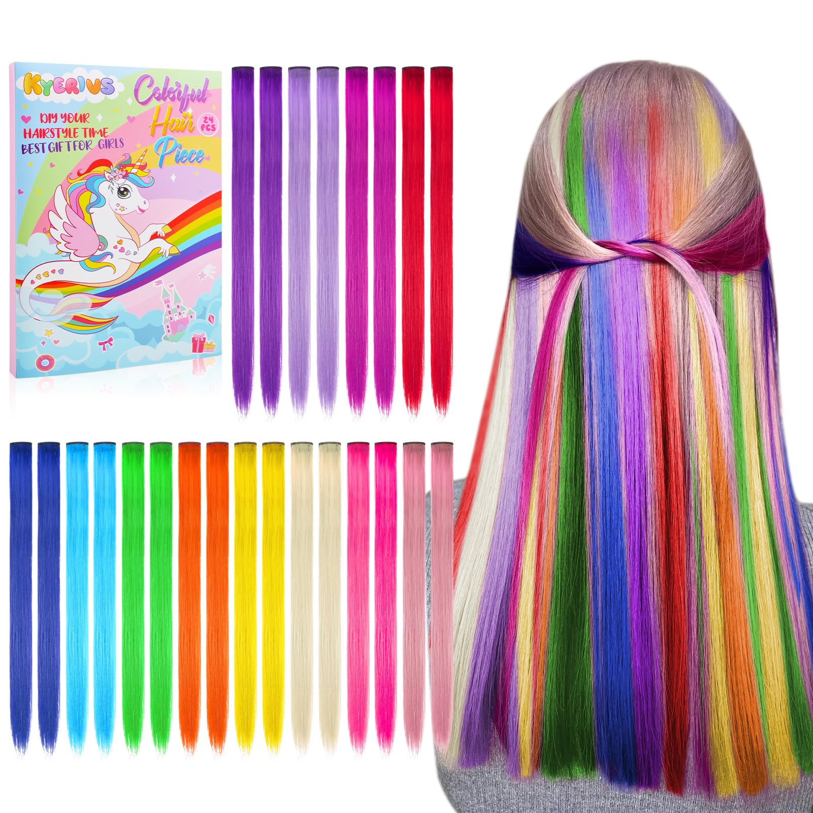 Extensiones de pelo arcoíris Kyerivs, 20 pulgadas, para estilos coloridos.