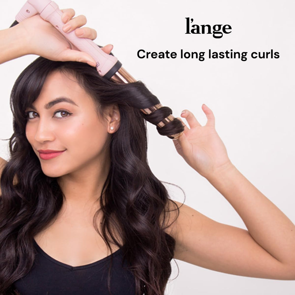 Rizador L'ANGE HAIR con ajuste de temperatura 410°F para peinado seguro.