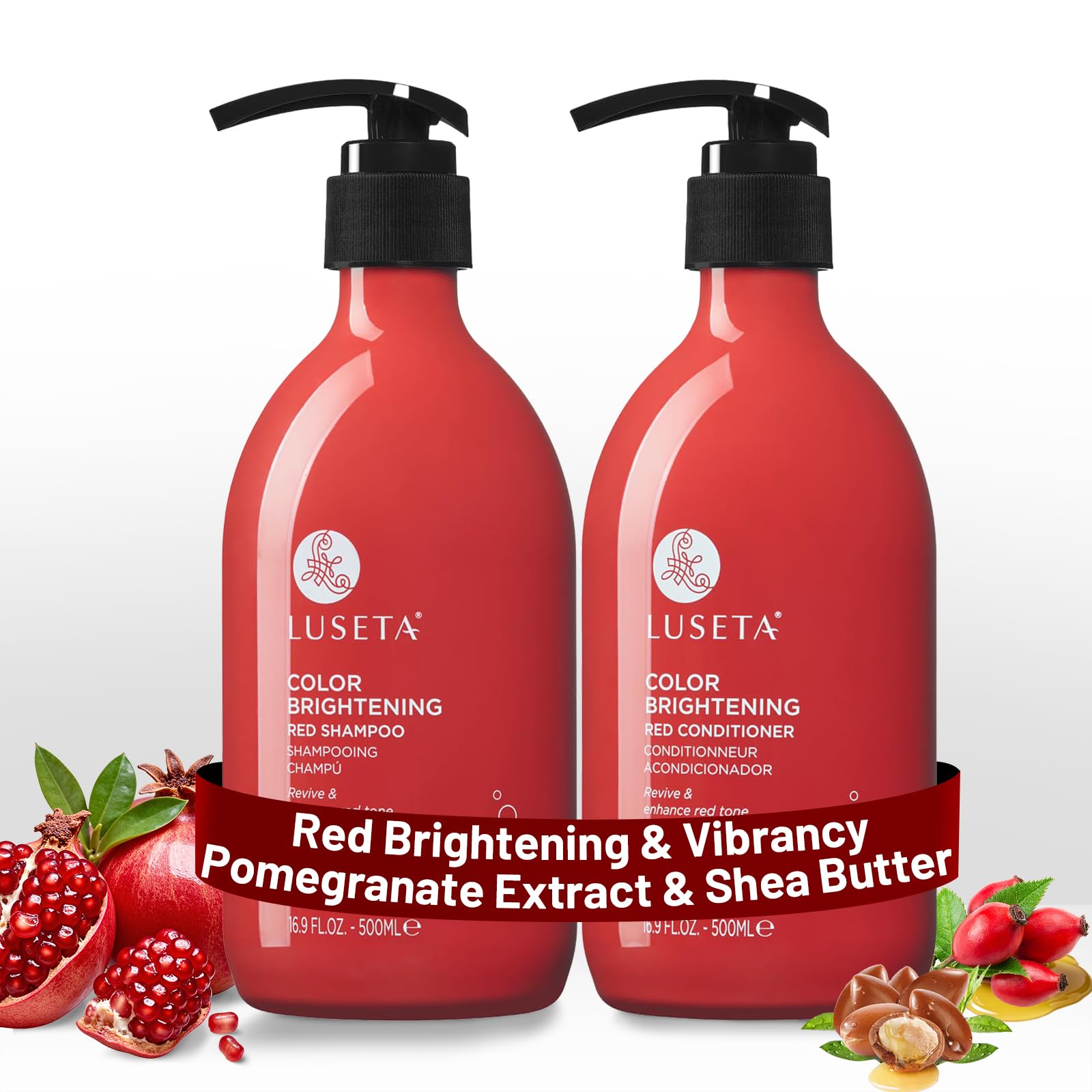 L LUSETA duo shampoing rouge et après-shampoing, bouteilles visibles, reflets cuivre prometteurs.