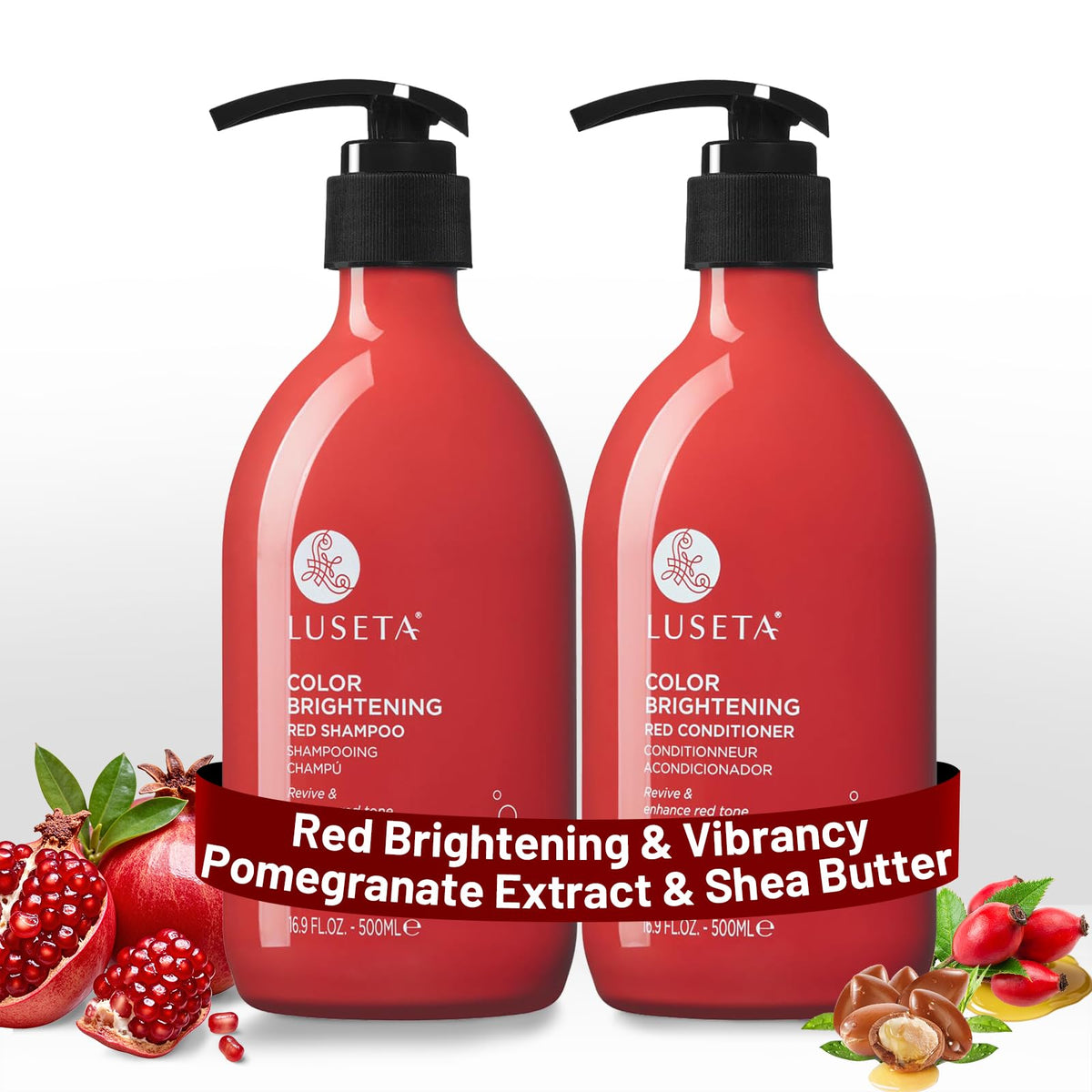 L LUSETA duo shampoing rouge et après-shampoing, bouteilles visibles, reflets cuivre prometteurs.