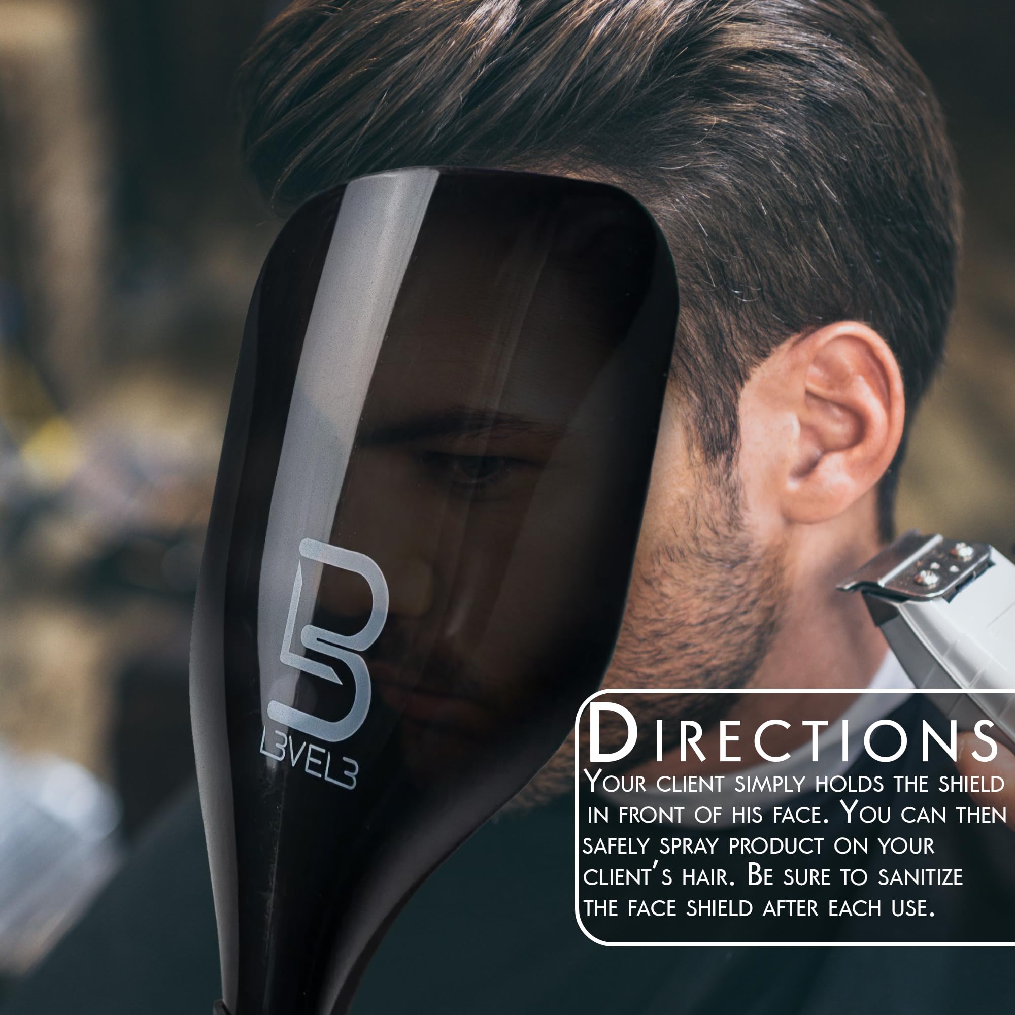 L3 escudo facial nivel 3, acabado negro con logotipo blanco, aspecto profesional