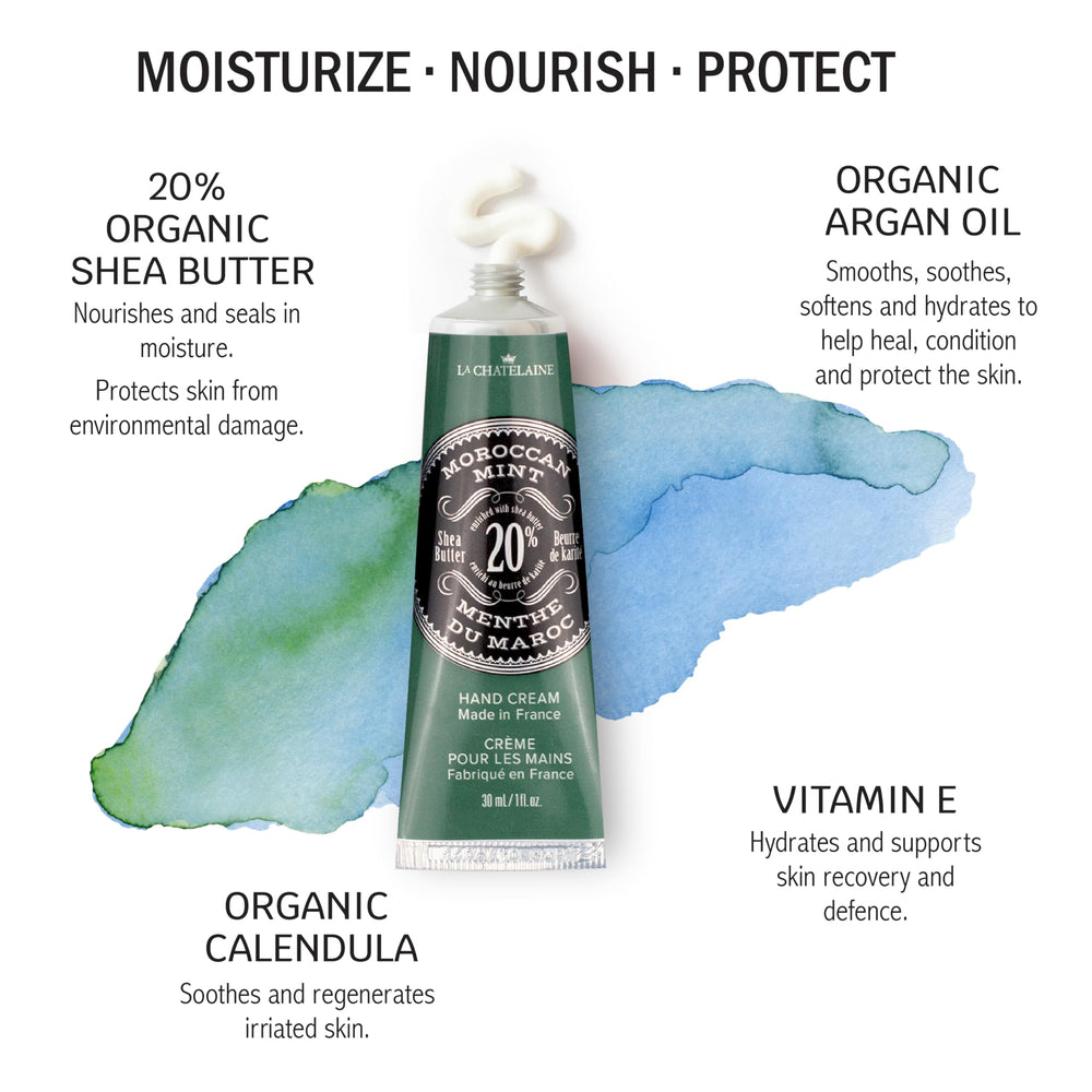 La Chatelaine crema manos menta marroquí 30ml, textura cremosa y absorción rápida.