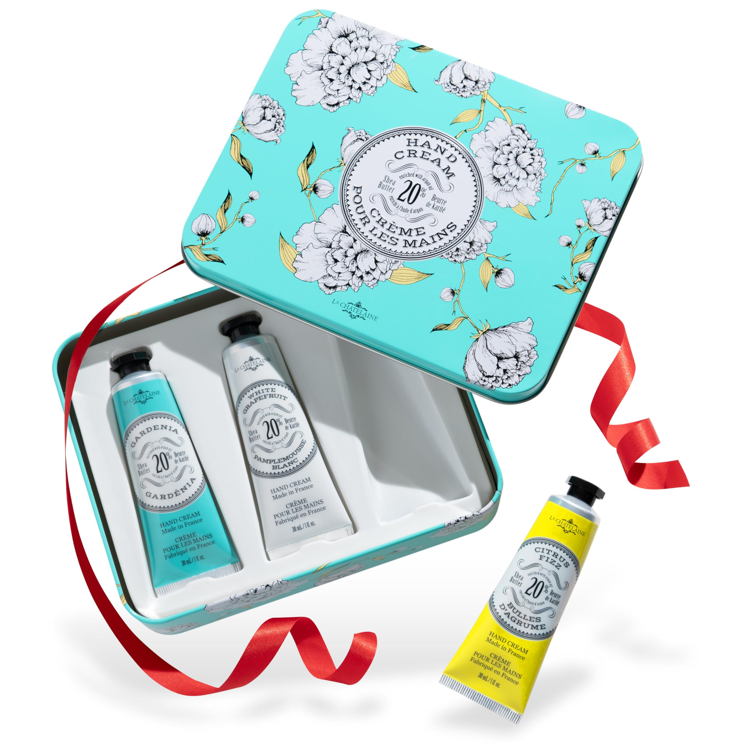 La Chatelaine trio-cremas-manos-latas: hidratación suave y cuidado diario en un elegante estuche.