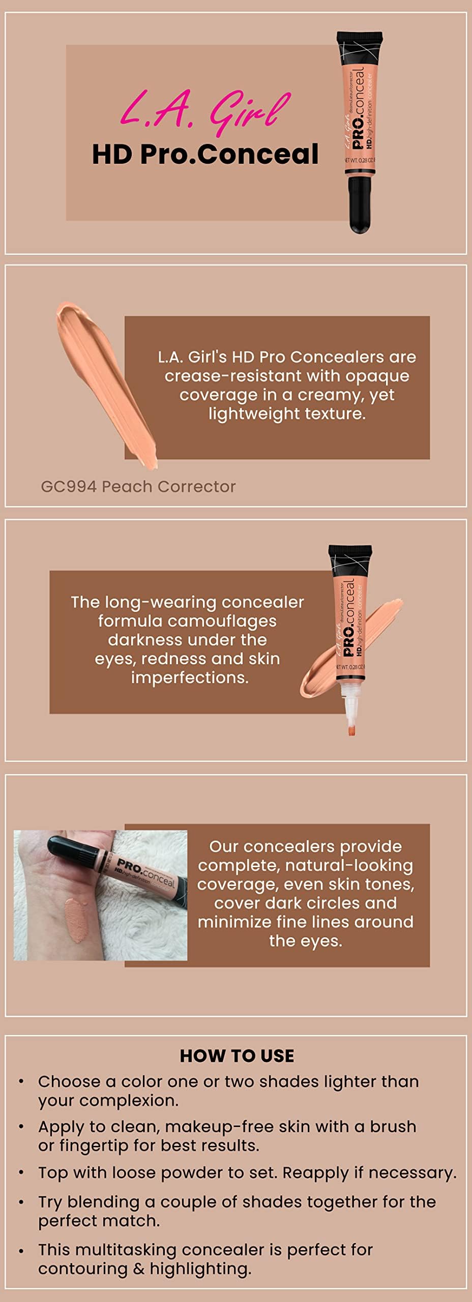 L.A. Girl Pro Conceal HD Corrector 994 Durazno ideal para cubrir manchas y rojeces.