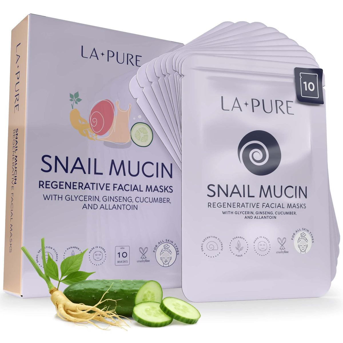 LA PURE Mascarilla de mucina de caracol, empaque compacto para cuidado diario.