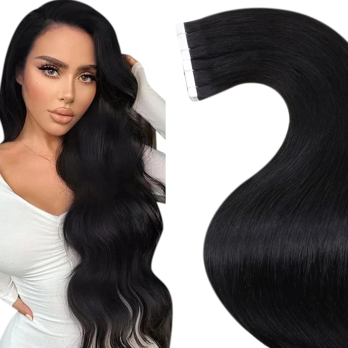 LaaVoo extensiones tape pelo humano negro jet 18 pulgadas, acabado natural y ligero
