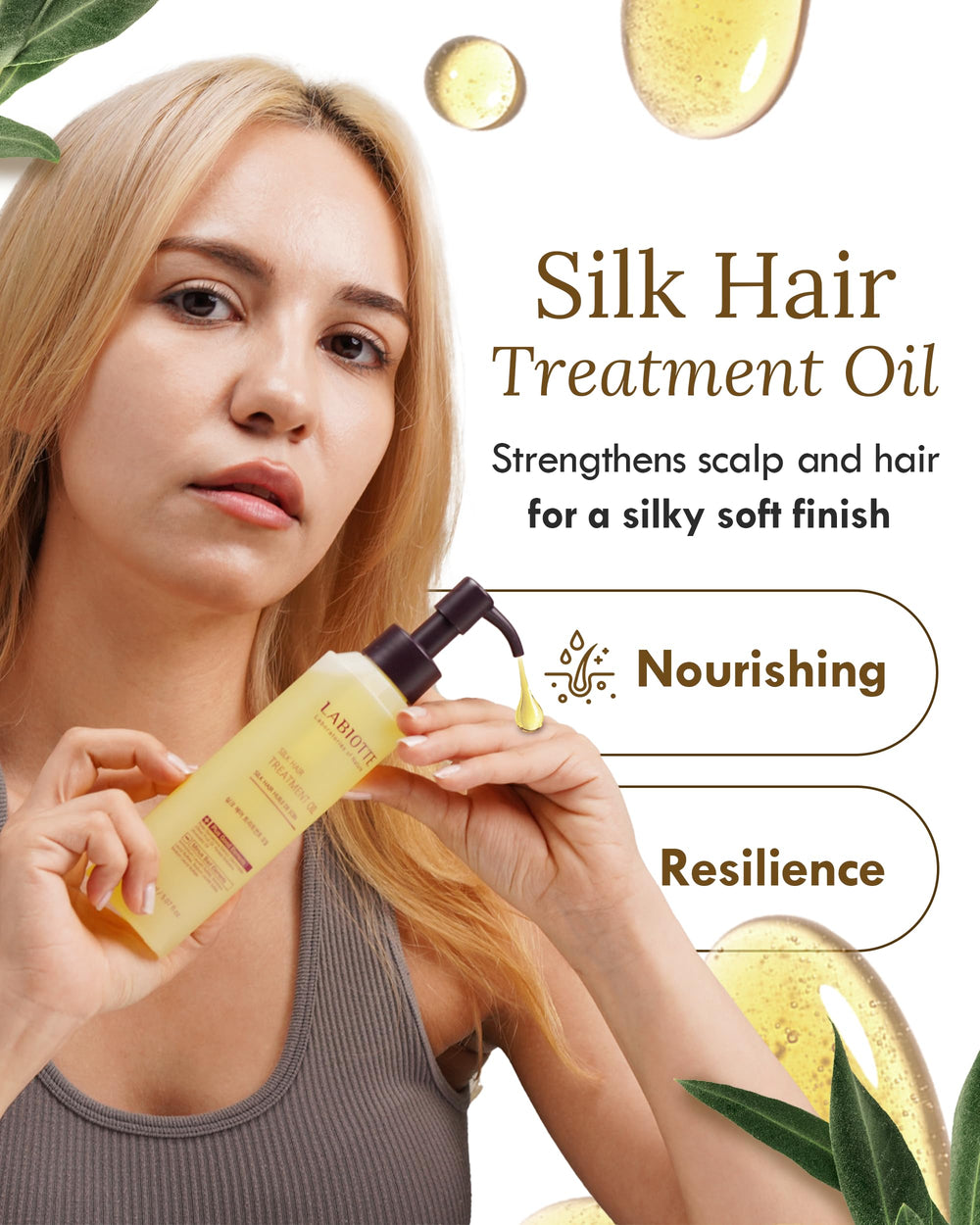 LABIOTTE Aceite de Seda - aplicación suave en cabello dañado para suavidad.