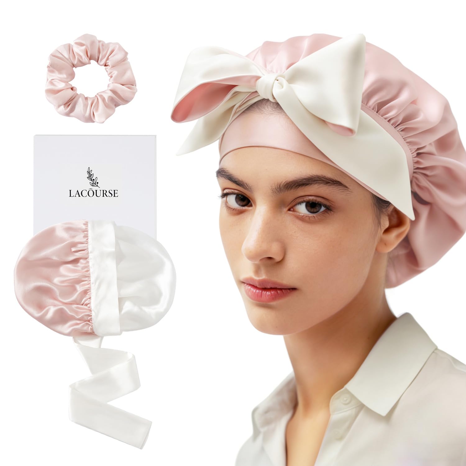 LaCourse bonete Seda Mulberry, doble capa, rosa marfil, protege el cabello durante la noche.