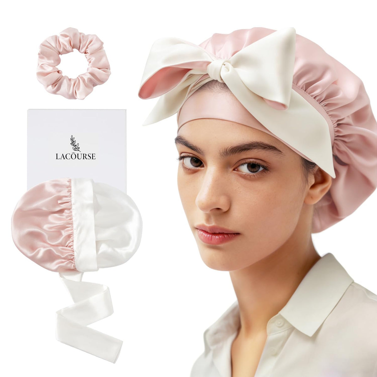 LaCourse bonete Seda Mulberry, doble capa, rosa marfil, protege el cabello durante la noche.