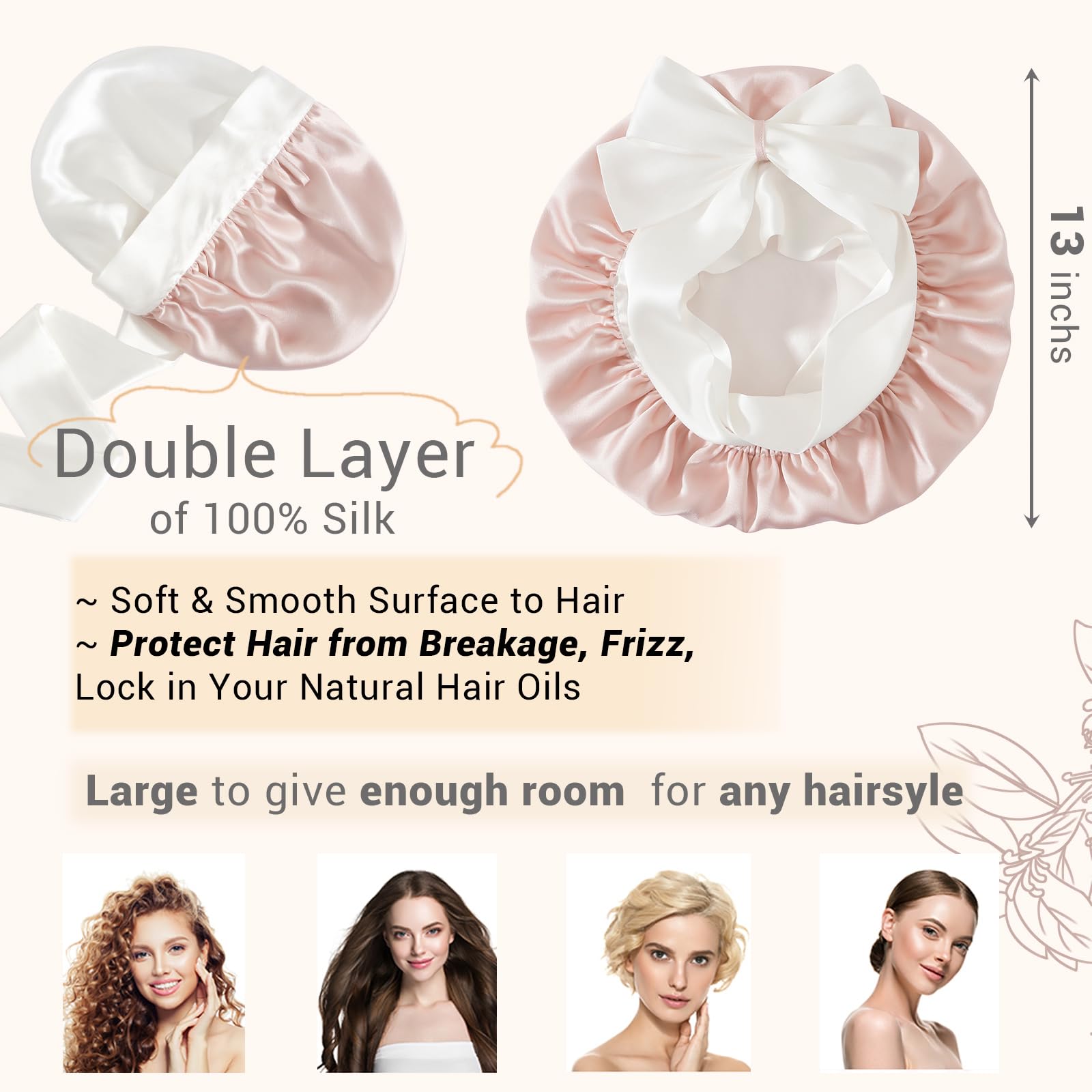LaCourse bonete seda Mulberry con lazos satinados, ajuste cómodo y seguro.