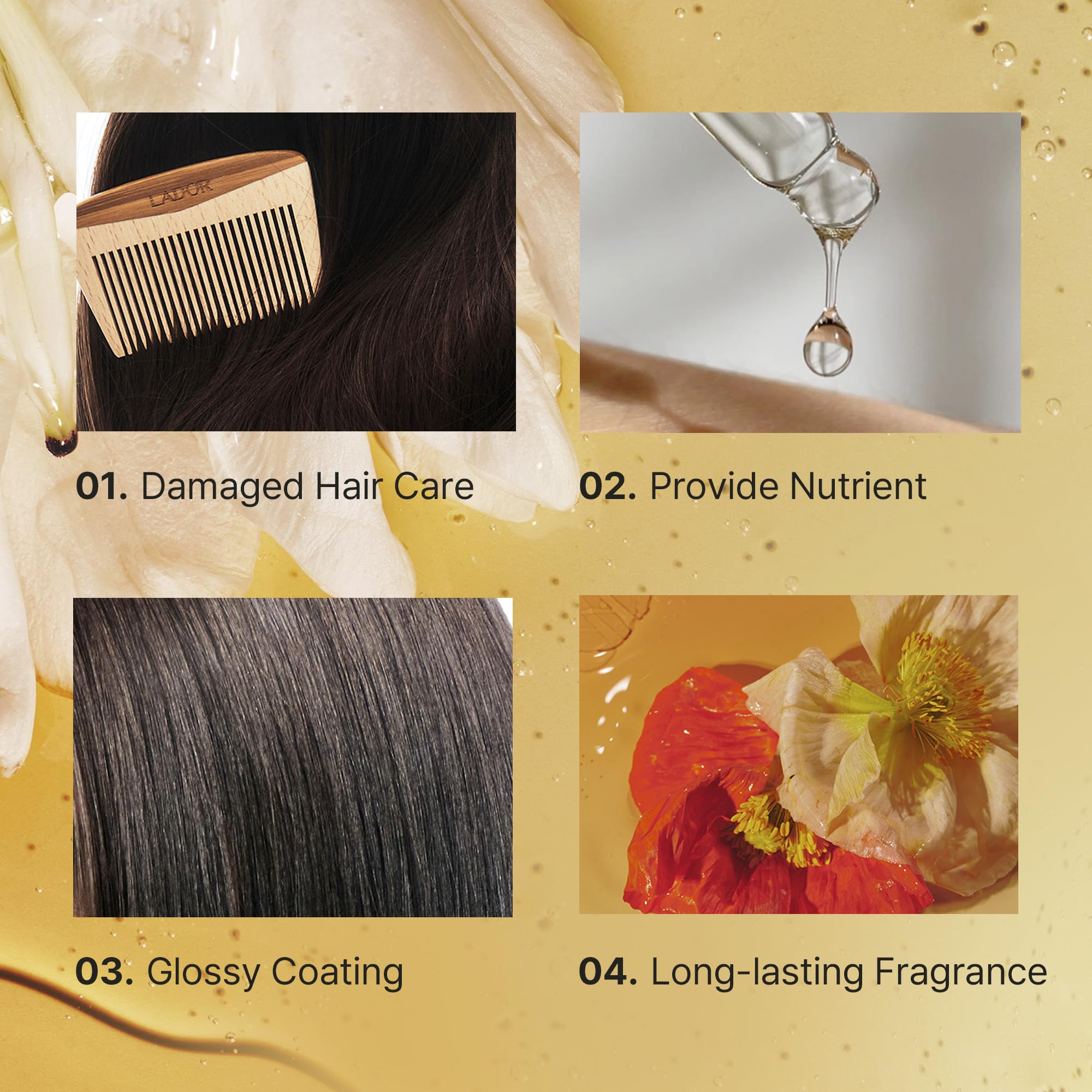 LA'DOR hair perfume oil frizz control demonstrates tamed flyaways and smooth strands.