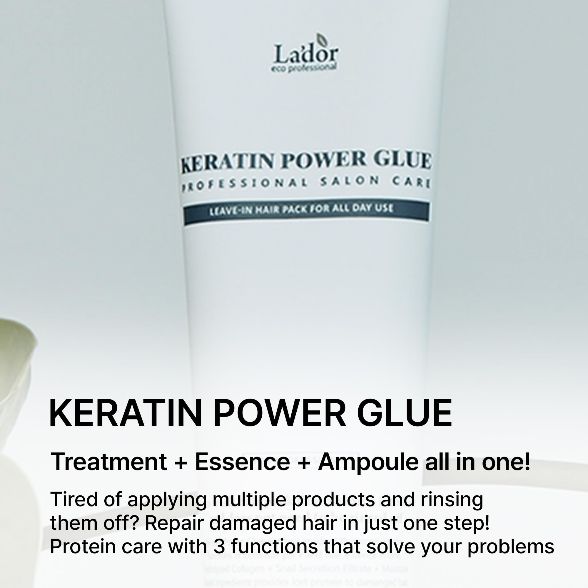 LA'DOR Keratin Power Glue, textura cremosa para peinar sin enjuague.