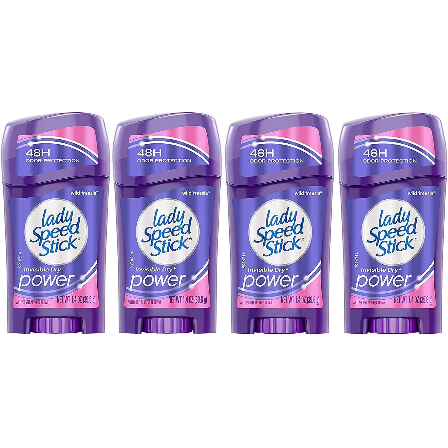 Lady Speed Stick Invisible Dry con Wild Freesia, empaque pack de cuatro, protección y fragancia todo el día.