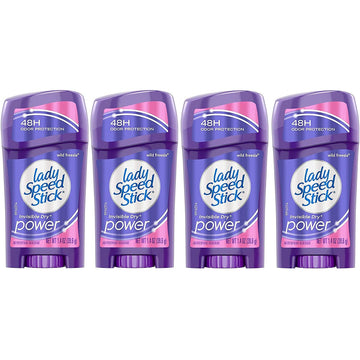 Lady Speed Stick Invisible Dry con Wild Freesia, empaque pack de cuatro, protección y fragancia todo el día.