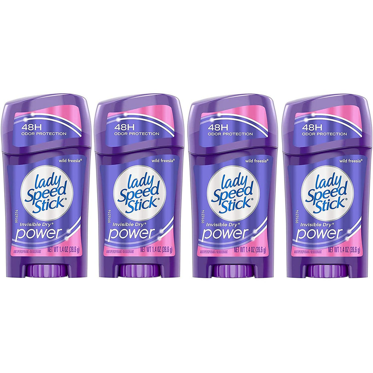 Lady Speed Stick Invisible Dry con Wild Freesia, empaque pack de cuatro, protección y fragancia todo el día.