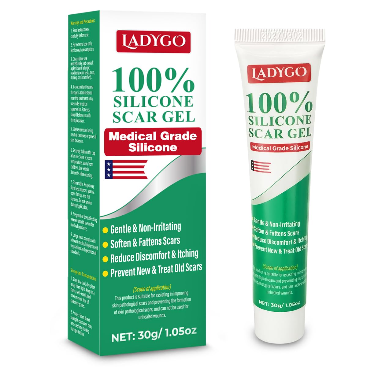 Ladygo Advance: botella de gel de silicona para cicatrices, lista para uso diario.