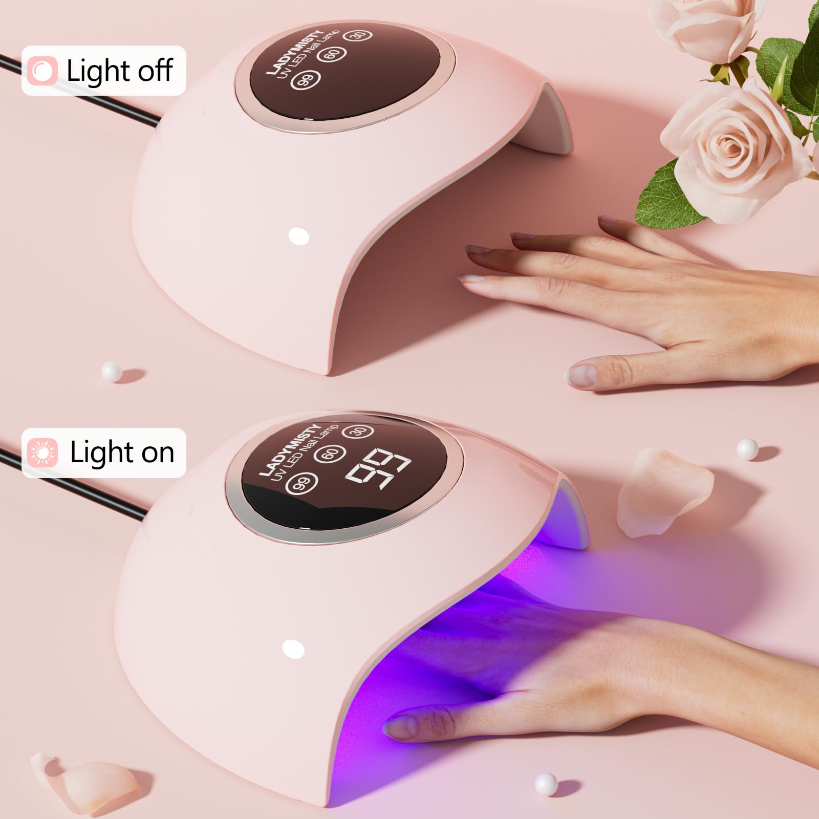 LadyMisty lampara UV 72W, vista superior, distribución amplia de haz para gel.