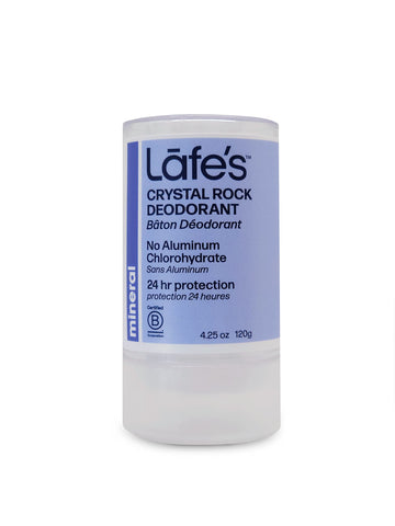 Desodorante cristal de Lafe's, frente del producto, protección natural 24 horas.