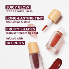 Laka Fruity Glam Lip Tint Mini, aplicación suave para un acabado brillante y translúcido.