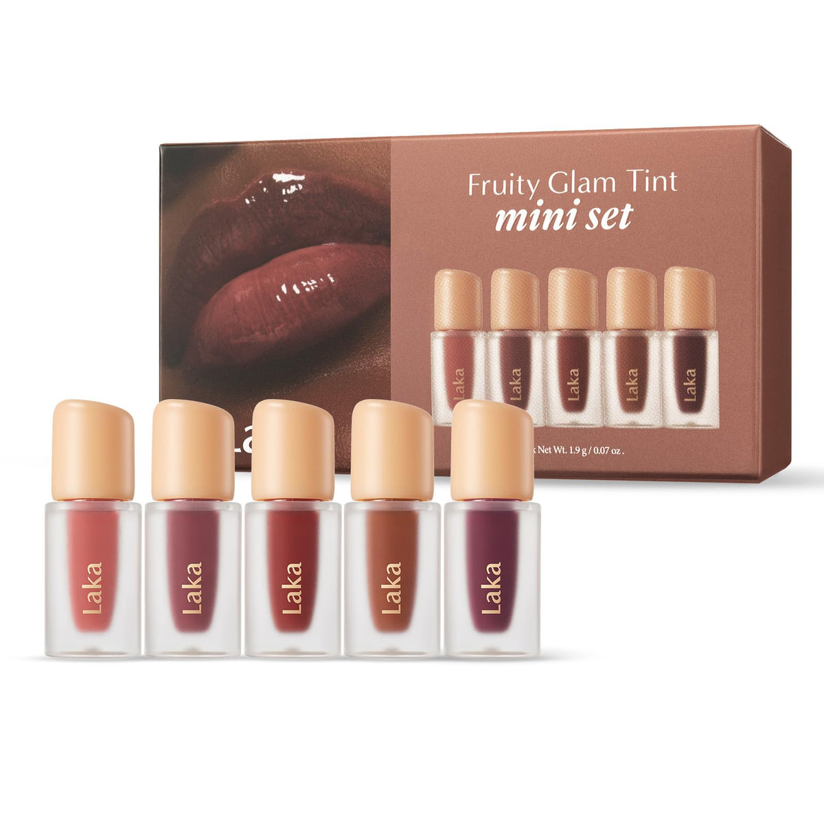 Laka Fruity Glam Tint Set Alegre ofrece color vibrante y duración sugerida.