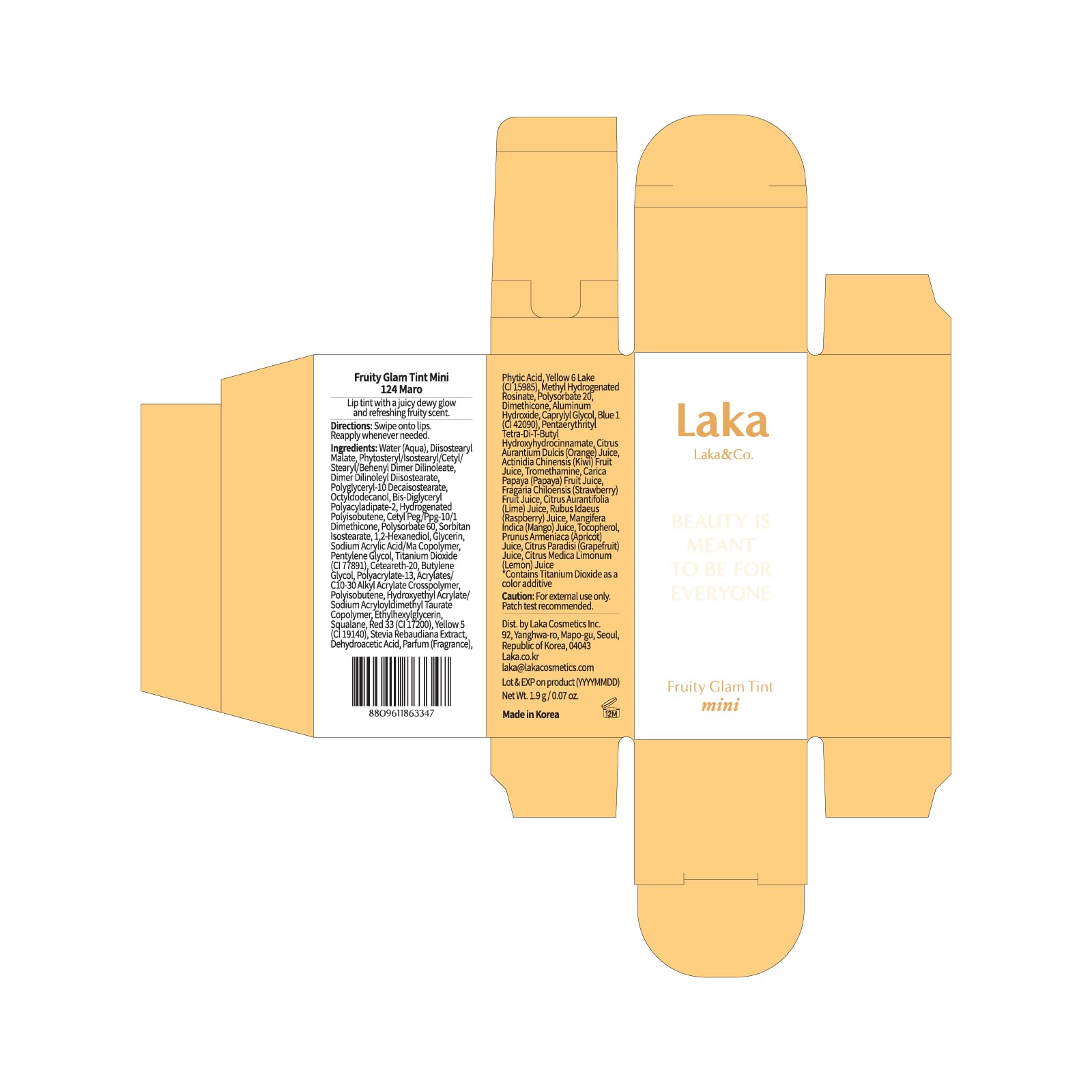 Laka Fruity Glam Lip Tint Mini ofrece durabilidad diaria en labios.