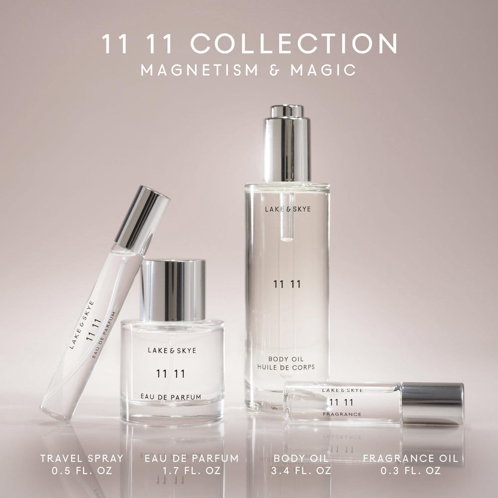 Lake & Skye 11 11 Body Oil Mini on a bathroom shelf ready for travel