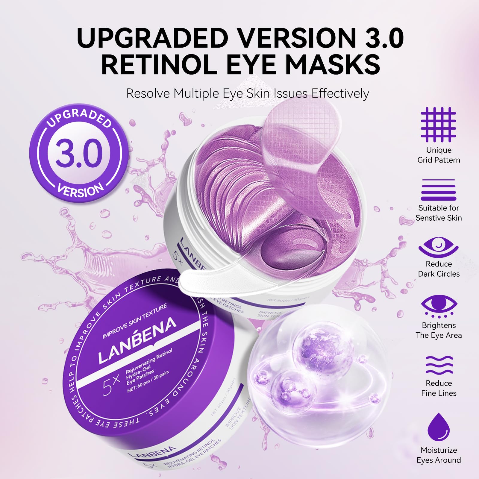 LANBENA Parches ojos retinol, diseño de rejilla antideslizante para uso continuo.