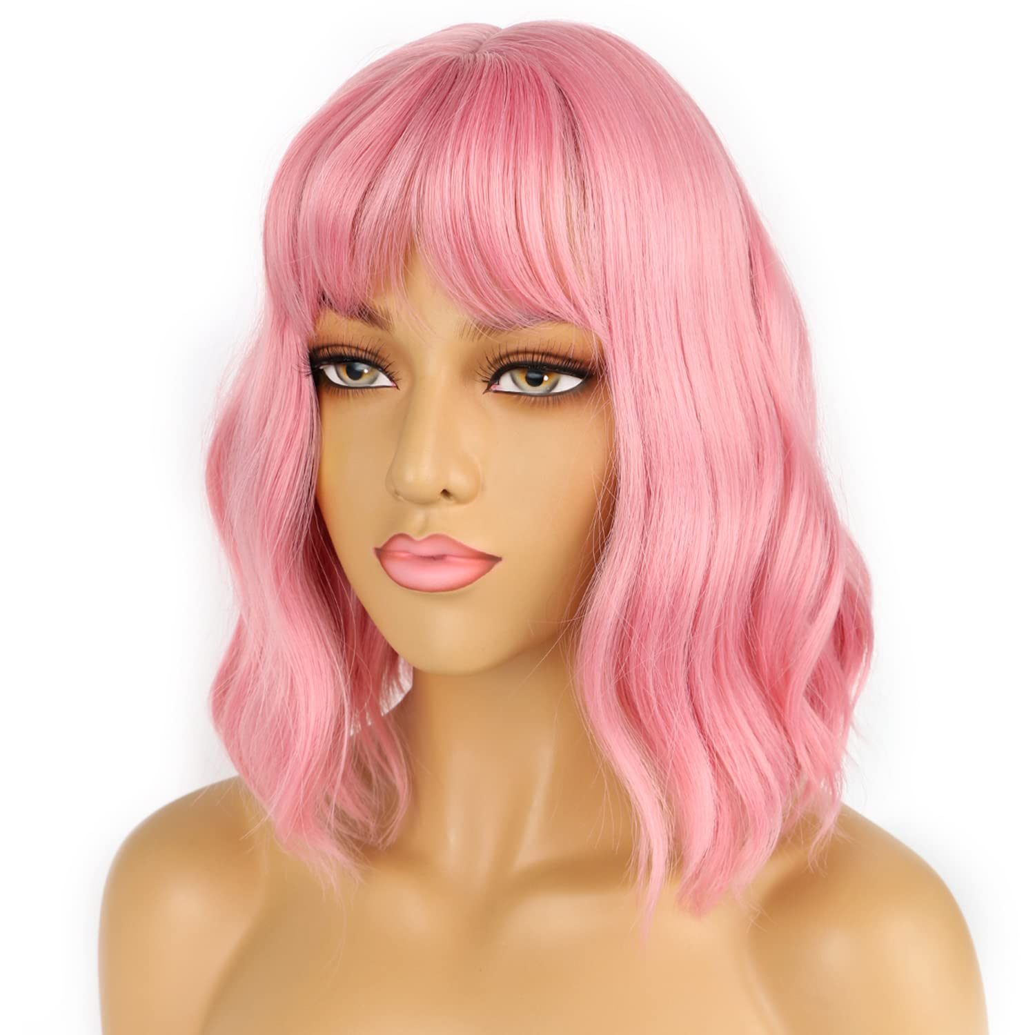 LANCAINI pelo sintético ondulado rosa pastel para cosplay ligero.