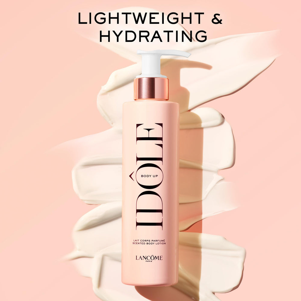 Textura hidratante de Lancôme Idôle Body Up en primer plano para piel sedosa.