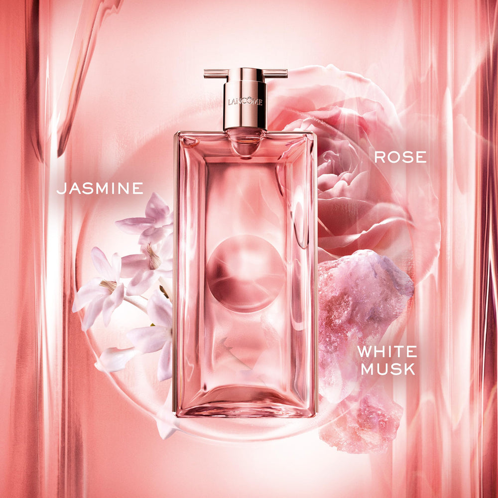 Lancôme Idôle, silueta horizontal de botella, diseño moderno y práctico para el tocador