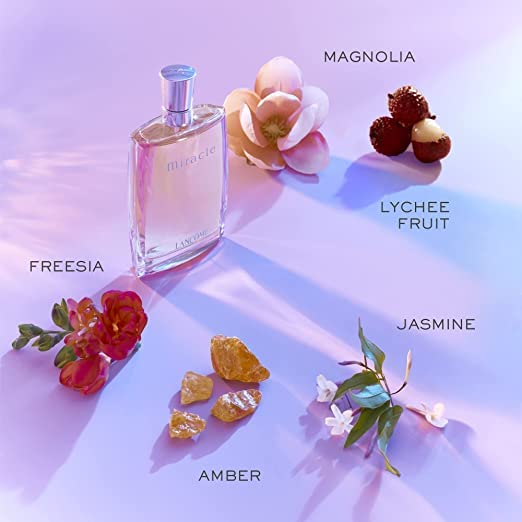 Lancôme Miracle notas-lichi-fresia resaltan como apertura fresca y floral.