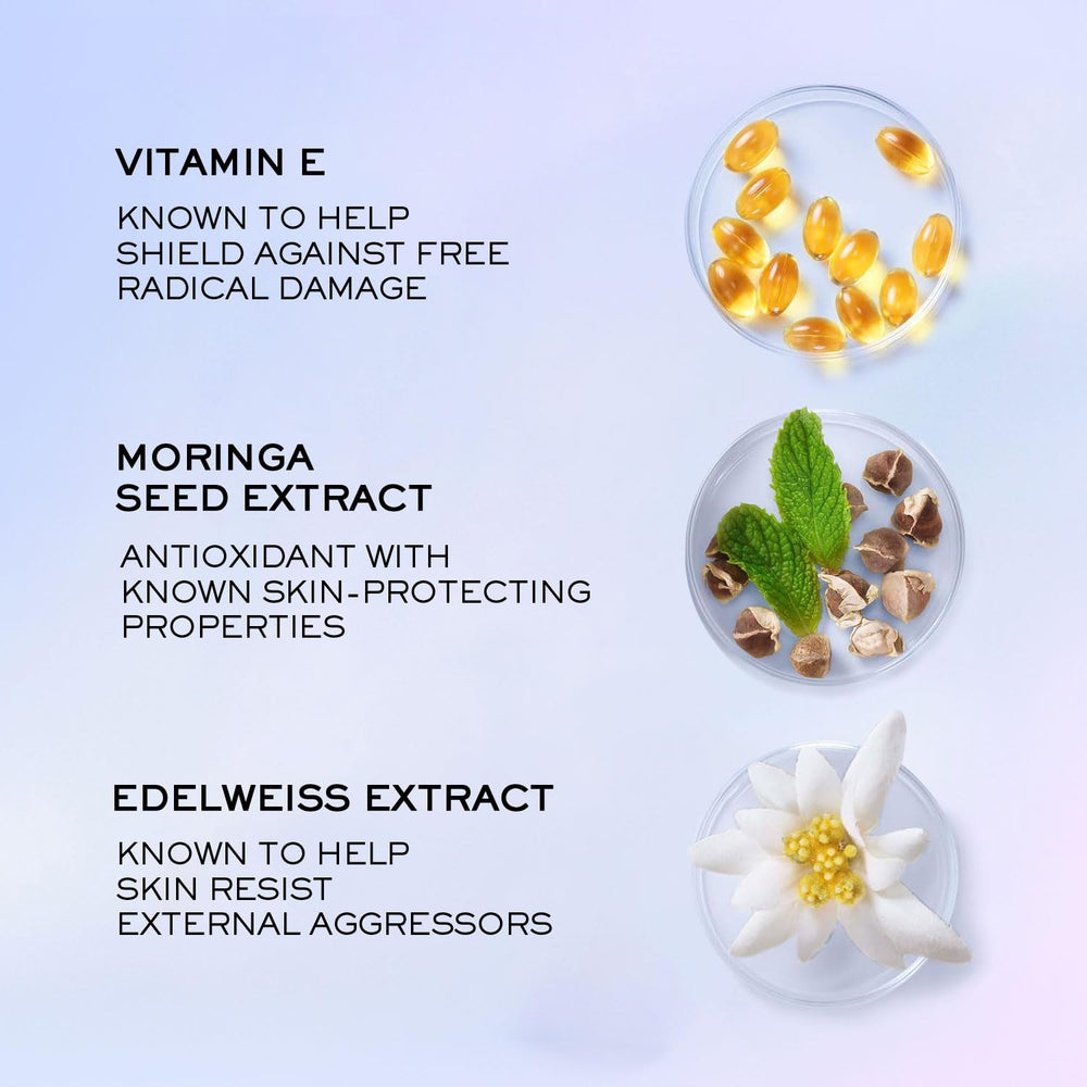 Lancôme UV Expert Defense, ingredientes clave Vitamina E y moringa para piel cuidada.