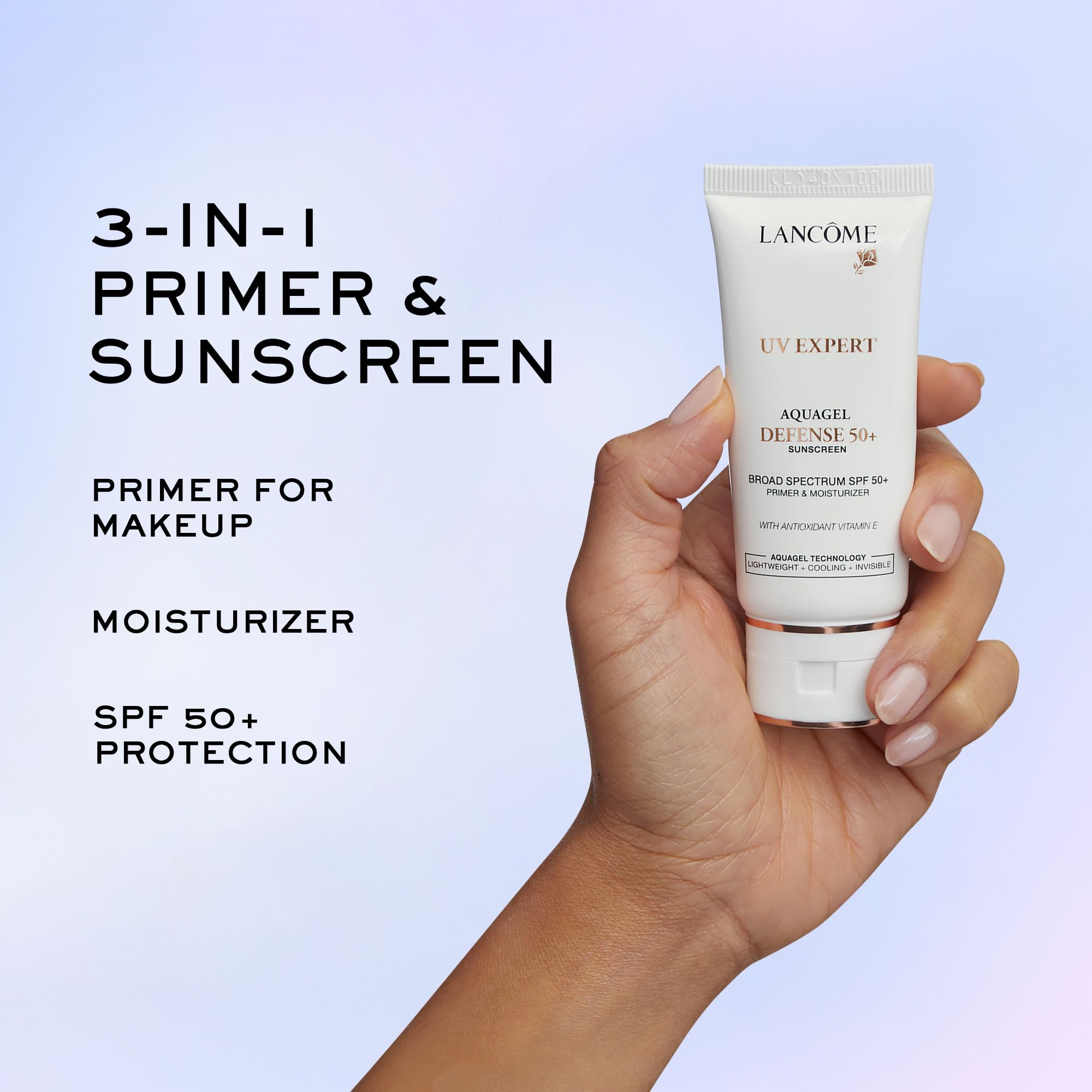 Lancôme UV Expert Defense, primer facial con SPF50, listo para maquillaje diario.