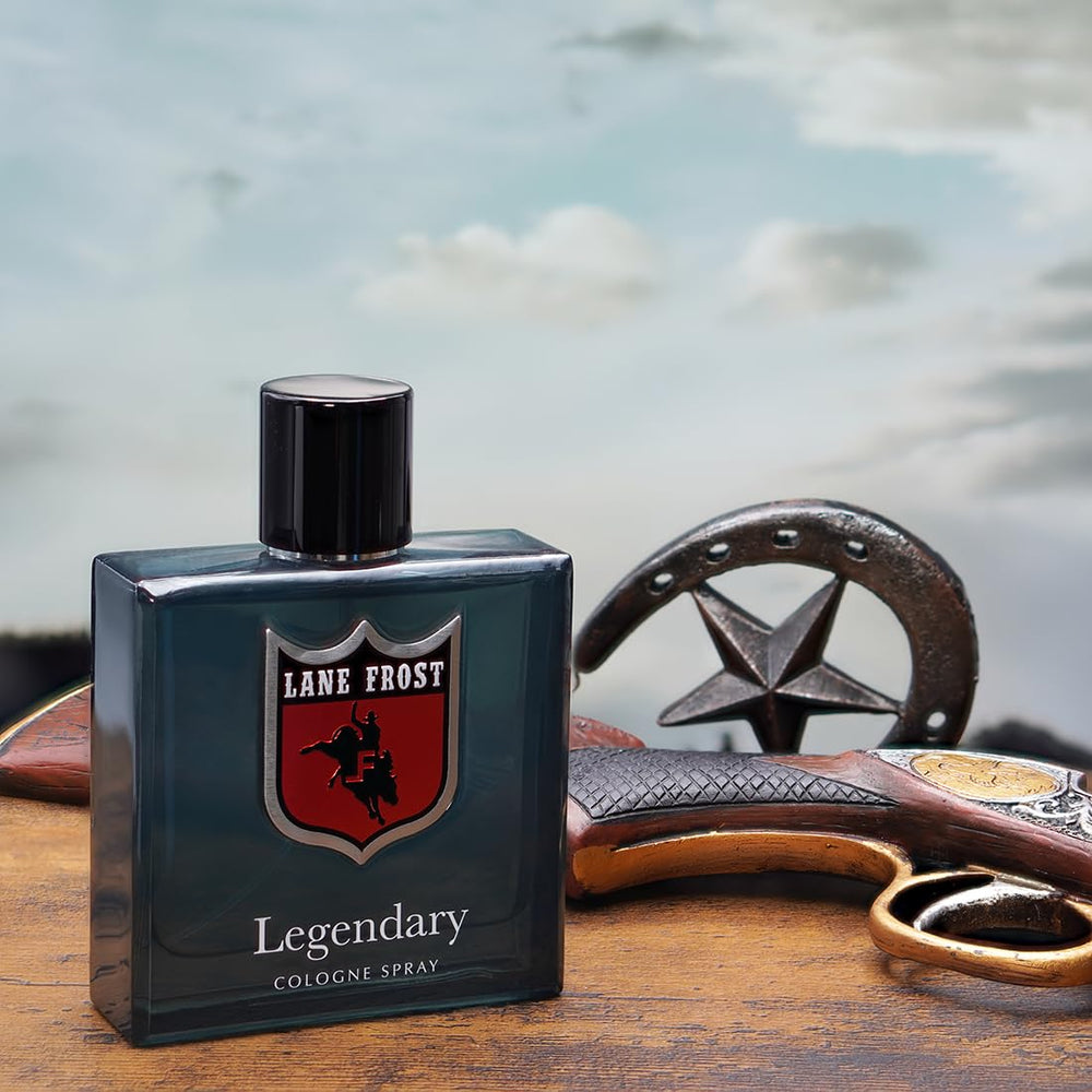 Lane Frost Legendary Cologne: etiqueta trasera en empaque western