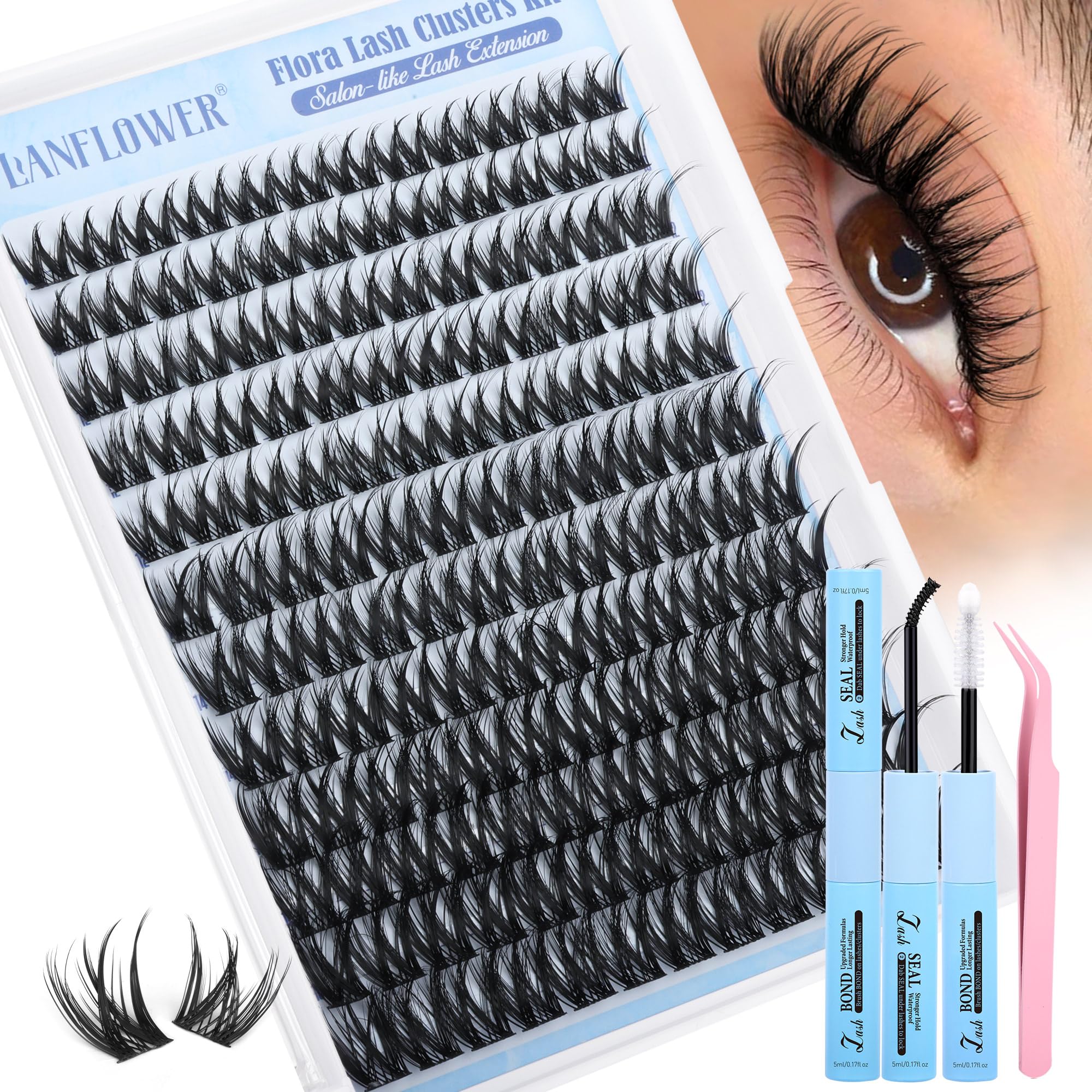 LANFLOWER Flora Lash Clusters: pestañas plumosas 10-18 mm para un aspecto natural.