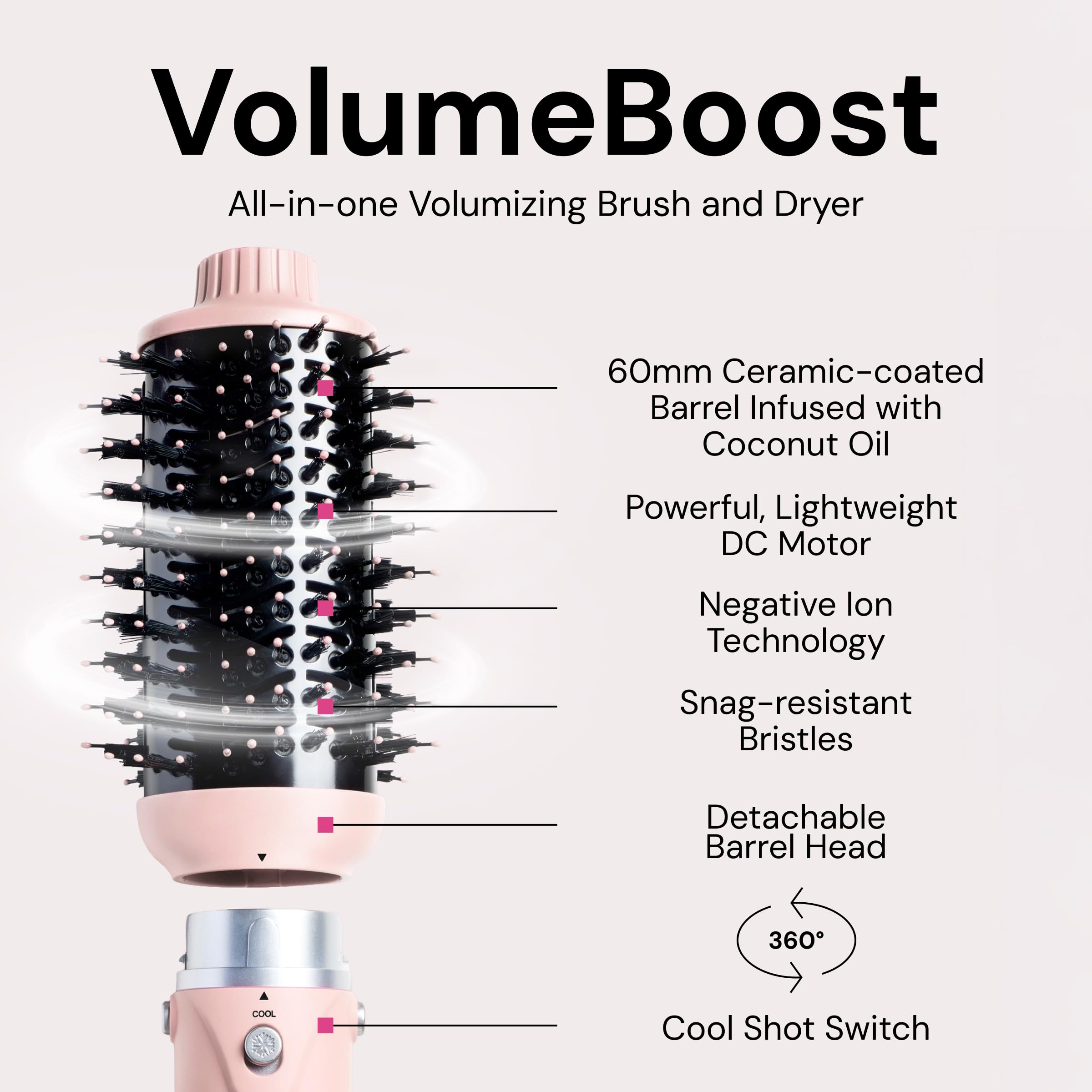 L'ANGE HAIR VolumeBoost: barril cerámico infusionado con coco para brillo suave.