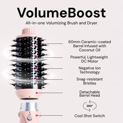 L'ANGE HAIR VolumeBoost: barril cerámico infusionado con coco para brillo suave.