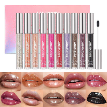 LANGMANNI 10 Colors Lip Gloss Set swatches show vibrant diamond sparkle for radiant shine.