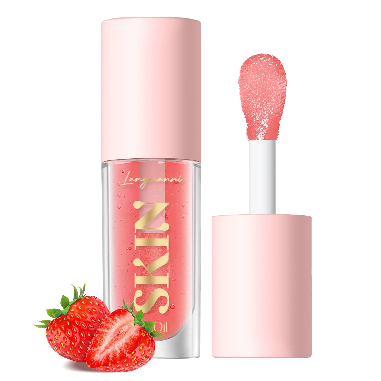 Langmanni Aceite Labial, envase transparente, brillo inmediato y nutrición para los labios.