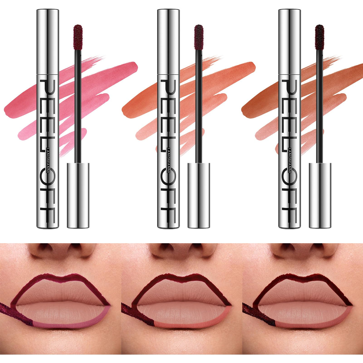 Langmanni delineador labial tres colores con acabado mate duradero.