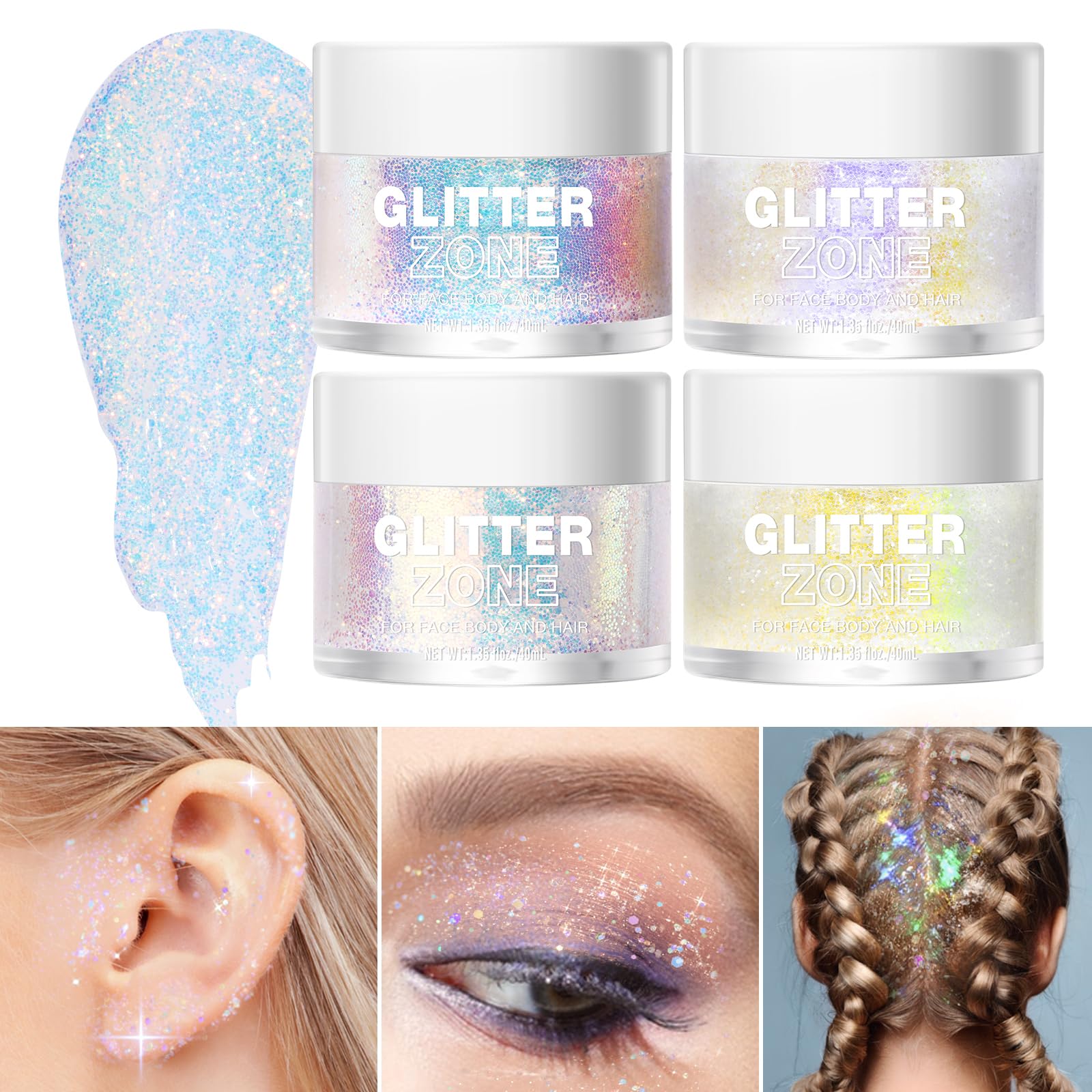 LANGMANNI Gel Brillo Holográfico para Cuerpo, Cara, Cabello y Labios – 1.35 oz, Cambio de color bajo luz – Oro Ocean y Rosa Brillante